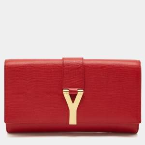 Saint Laurent Red Texured Leather Y Line Clutch