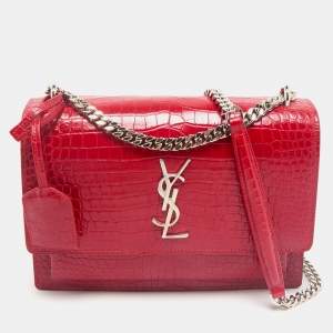 Saint Laurent Red Croc Embossed Leather Medium Sunset Shoulder Bag