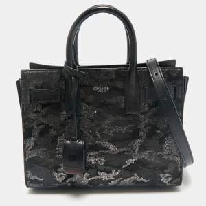 Saint Laurent Black Camo Suede and Leather Nano Classic Sac De Jour Tote