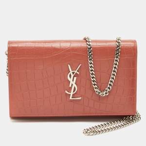 Saint Laurent Pink Croc Embossed Leather Monogram Wallet On Chain