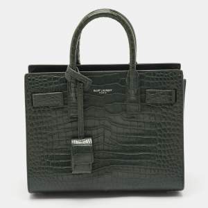 Saint Laurent Dark Green Croc Embossed Leather Nano Classic Sac De Jour Tote