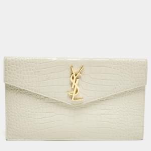 Saint Laurent Cream Croc Embossed Leather Uptown Pouch