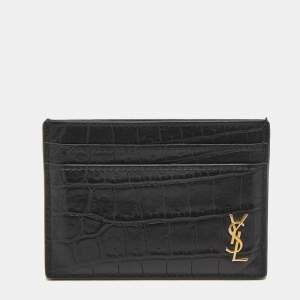 Saint Laurent Black Croc Embossed Leather Tiny Cassandre Card Holder