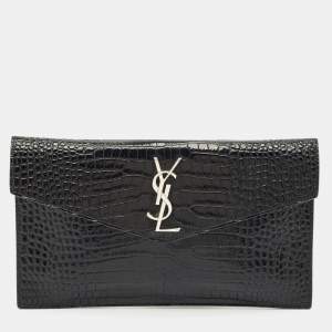 Saint Laurent Black Croc Embossed Leather Uptown Clutch