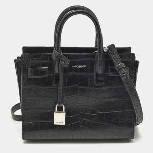 Saint Laurent Black Croc Embossed Leather Nano Classic Sac De Jour Tote