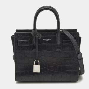 Pre Owned Saint Laurent Black Croc Embossed Leather Nano Classic Sac De Jour Tote