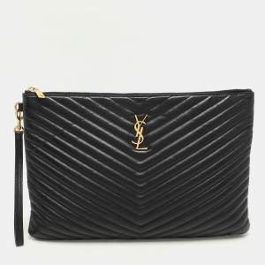 Saint Laurent Black Matelasse Leather Cassandre Wristlet Pouch