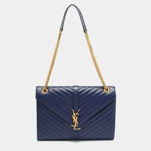 Saint Laurent Blue Matelassé Leather Large Monogram Envelope Shoulder Bag