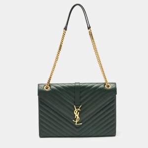 Saint Laurent Green Matelassé Leather Large Monogram Envelope Shoulder Bag