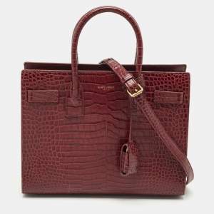 Saint Laurent Burgundy Croc Embossed Leather Baby Classic Sac De Jour Tote