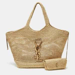 Pre Owned Saint Laurent Natural Raffia Maxi Icare Shopping Tote