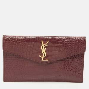 Saint Laurent Burgundy Croc Embossed Leather Medium Uptown Clutch