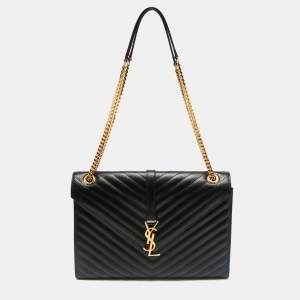 Saint Laurent Black Chevron Leather Large Monogram Envelope Shoulder Bag