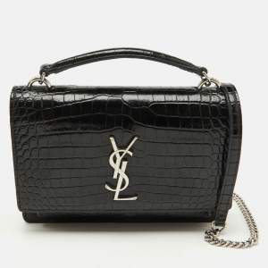 Saint Laurent Black Croc Embossed Leather Sunset Wallet On Chain