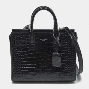 Saint Laurent Black Croc Embossed Leather Nano Classic Sac De Jour Tote
