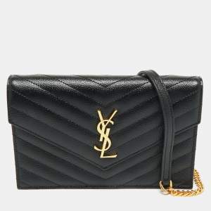 Saint Laurent Black Matelassé Leather Cassandre Envelope Wallet on Chain