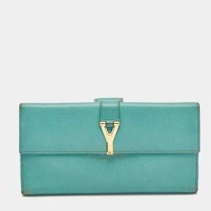 Pre Owned Saint Laurent Green Leather Y-Ligne Flap Wallet