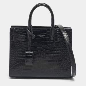 Saint Laurent Black Croc Embossed Leather Nano Classic Sac De Jour Tote