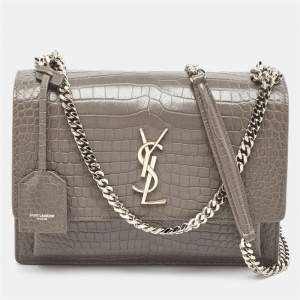 Saint Laurent Grey Croc Embossed Leather Medium Sunset Shoulder Bag
