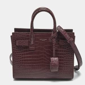Pre Owned Saint Laurent Burgundy Croc Embossed Leather Nano Classic Sac De Jour Tote