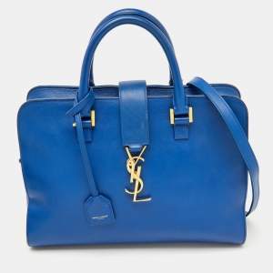Pre Owned Saint Laurent Blue Leather Medium Monogram Cabas Tote