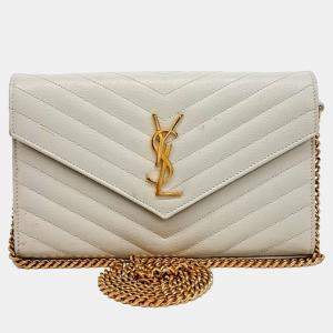 Saint Laurent Paris White Leather Monogram Chain Crossbody Bag