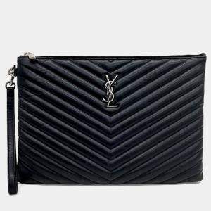 مملوكة مسبقًا Saint Laurent Paris Black Leather Monogram Clutch New Medium