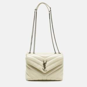 Pre Owned Saint Laurent Off White Quilted Leather Small Loulou Shoulder Bag