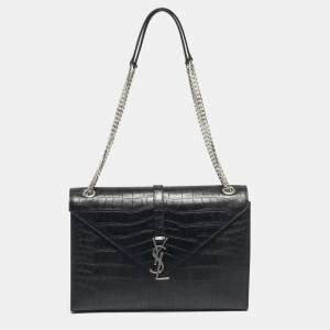 Pre Owned Saint Laurent Black Croc Embossed Leather Large Monogram Envelope Shoulder Bag