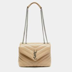 Pre Owned Saint Laurent Beige Matelassé Leather Small Loulou Shoulder Bag