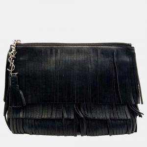 Pre Owned Saint Laurent Paris Black Leather Fringe Clutch