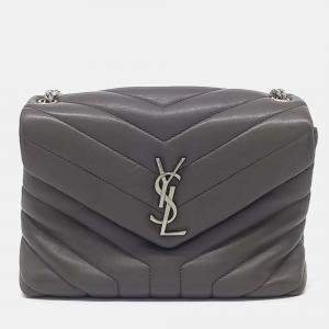 Pre Owned Saint Laurent Paris Grey Leather Monogram Lulu Crossbody Bag