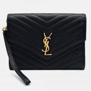 Pre Owned Saint Laurent Paris Black Leather Monogram Envelope Clutch