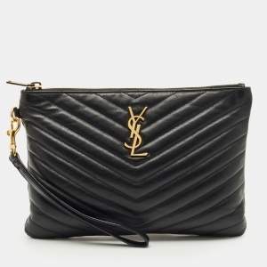Pre Owned Saint Laurent Black Matelassé Leather New Jolie Wristlet Pouch