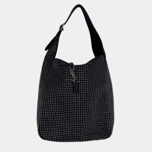 Pre Owned Saint Laurent Le 5 A 7 Canvas Metal Handbag In Black And Silver