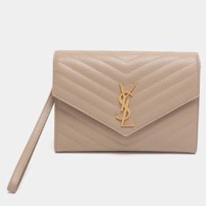 Pre Owned Saint Laurent Beige Chevron Leather Monogram Envelope Wristlet Clutch