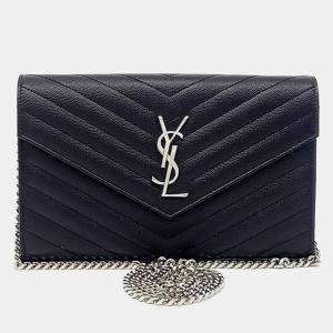 Pre Owned Saint Laurent Paris Black Leather Monogram Chain Crossbody Bag