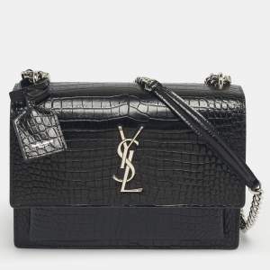 Pre Owned Saint Laurent Black Croc Embossed Leather Medium Sunset Shoulder Bag
