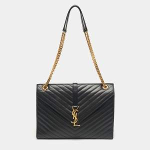 Pre Owned Saint Laurent Black Chevron Leather Large Monogram Envelope Shoulder Bag