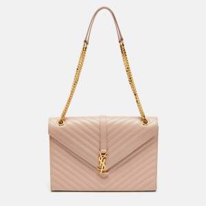 Pre Owned Saint Laurent Pink Chevron Leather Large Monogram Envelope Shoulder Bag