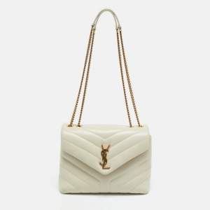 Pre Owned Saint Laurent Off White Matelassé Leather Small Loulou Shoulder Bag