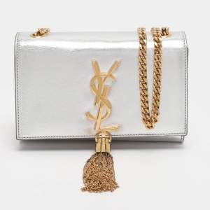 Pre Owned Saint Laurent Paris Silver Metallic Leather Small Kate Shoulder Bag