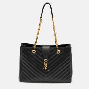 Pre Owned Saint Laurent Black Matelassé Leather Cassandre Shopper Tote