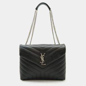 Pre Owned Yves Saint Laurent Lulu Medium Chain Shoulder Bag In Y-Quilted Leather Black
