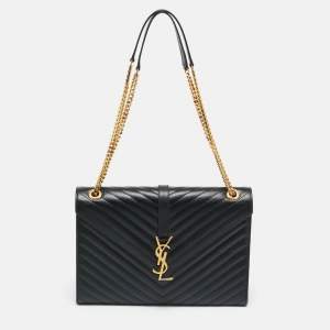 Pre Owned Saint Laurent Black Chevron Leather Large Monogram Envelope Shoulder Bag