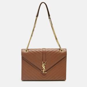 Pre Owned Saint Laurent Brown Chevron Leather Large Monogram Envelope Shoulder Bag