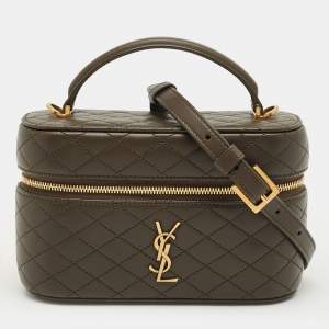 Pre Owned Saint Laurent Olive Green Quilted Leather Mini Gaby Vanity Bag