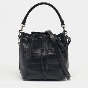Pre Owned Saint Laurent Black Croc Embossed Leather Emmanuelle Bucket Bag