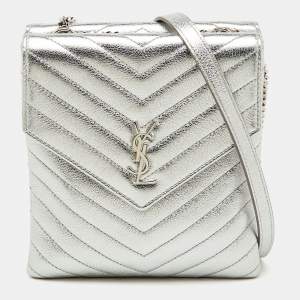 Pre Owned Saint Laurent Silver Leather Matelasse Double Flap Crossbody Bag