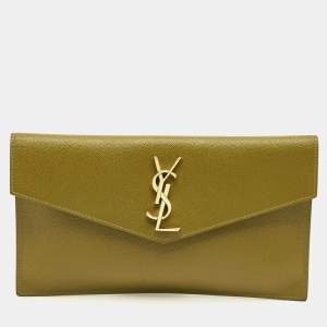 Pre Owned Saint Laurent Olive Green Leather Uptown Clutch